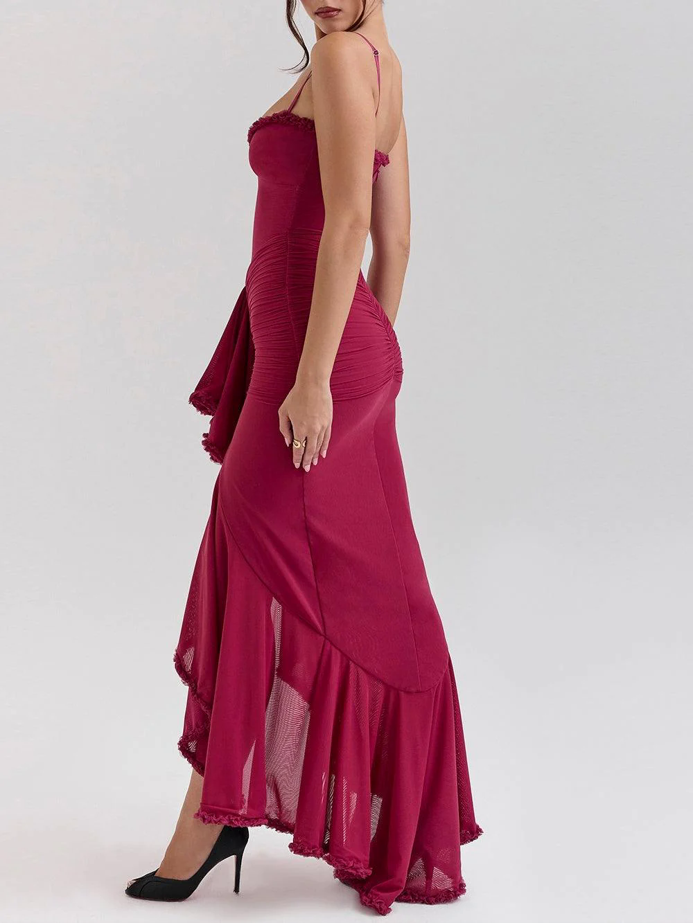 Off-the-shoulder mesh maxi dress