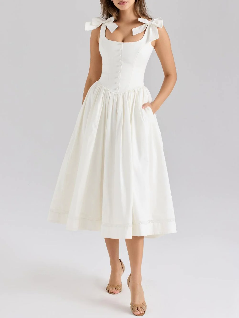 White stretch bow midi dress
