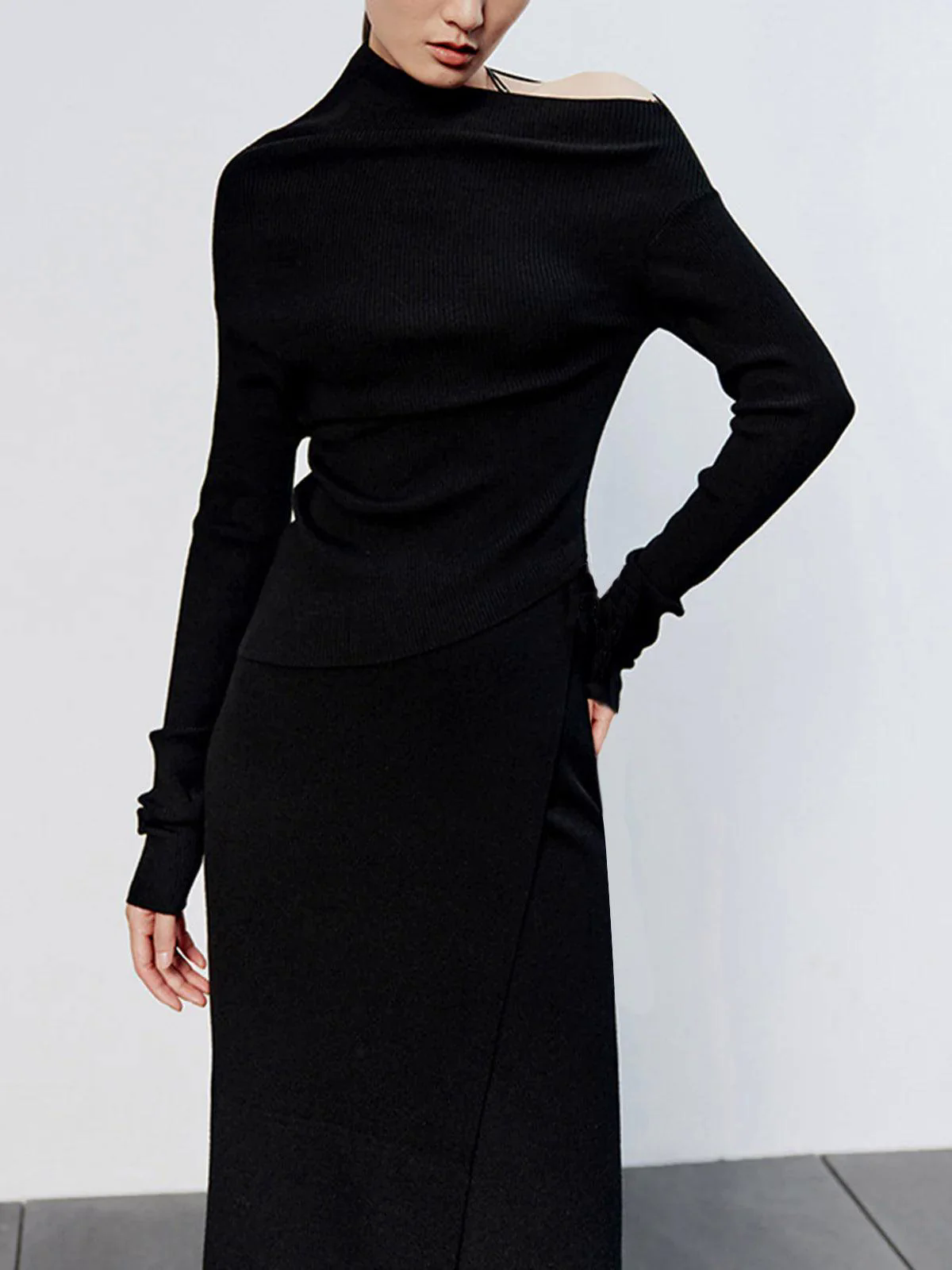 Caramel Asymmetric Neckline Long Sleeve Knit Top shkirt Suit