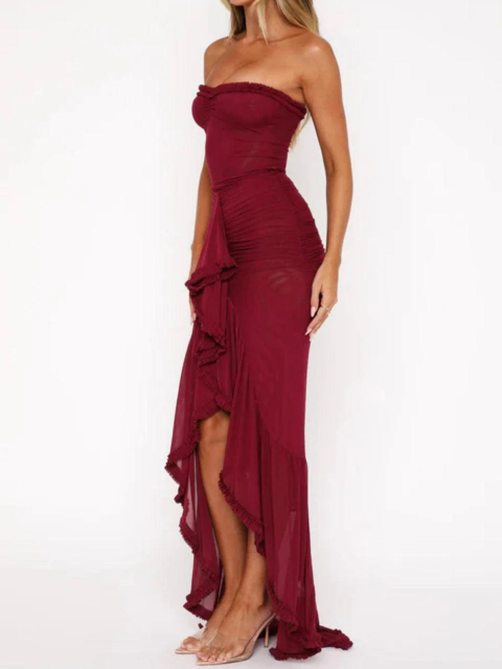 Off-the-shoulder mesh maxi dress