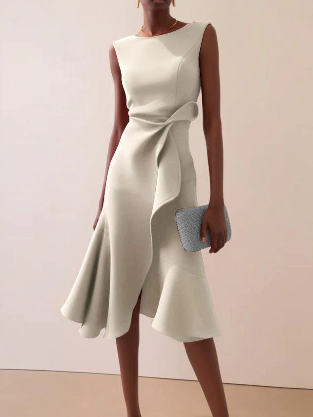 Red Sleeveless Midi Elegant A-line Dress with Waist Twist for Day-to-Night