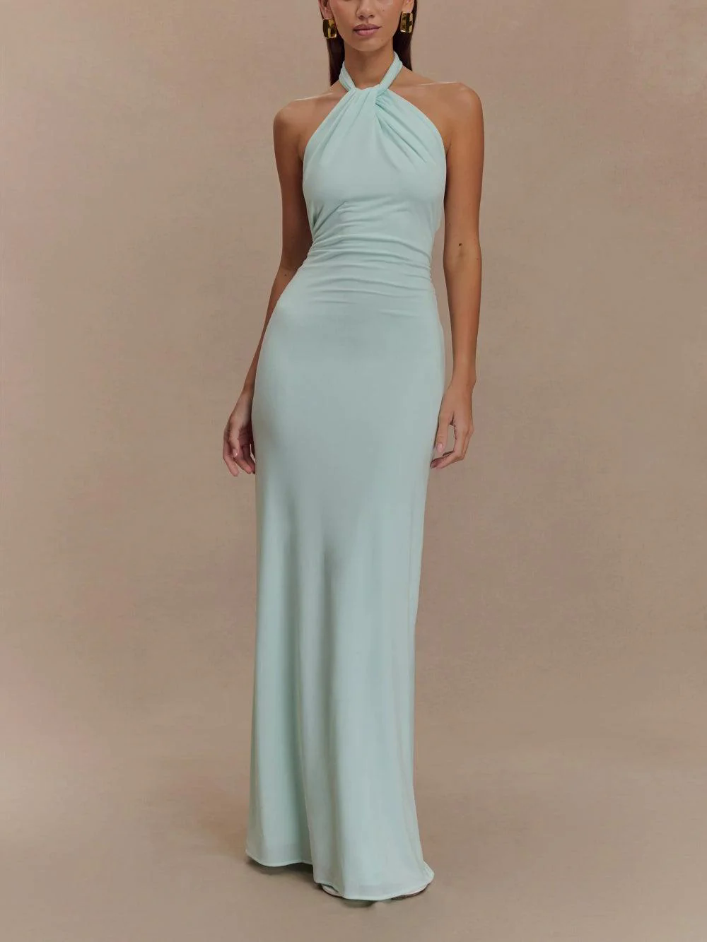 Slinky Halter Maxi Dress - Brown