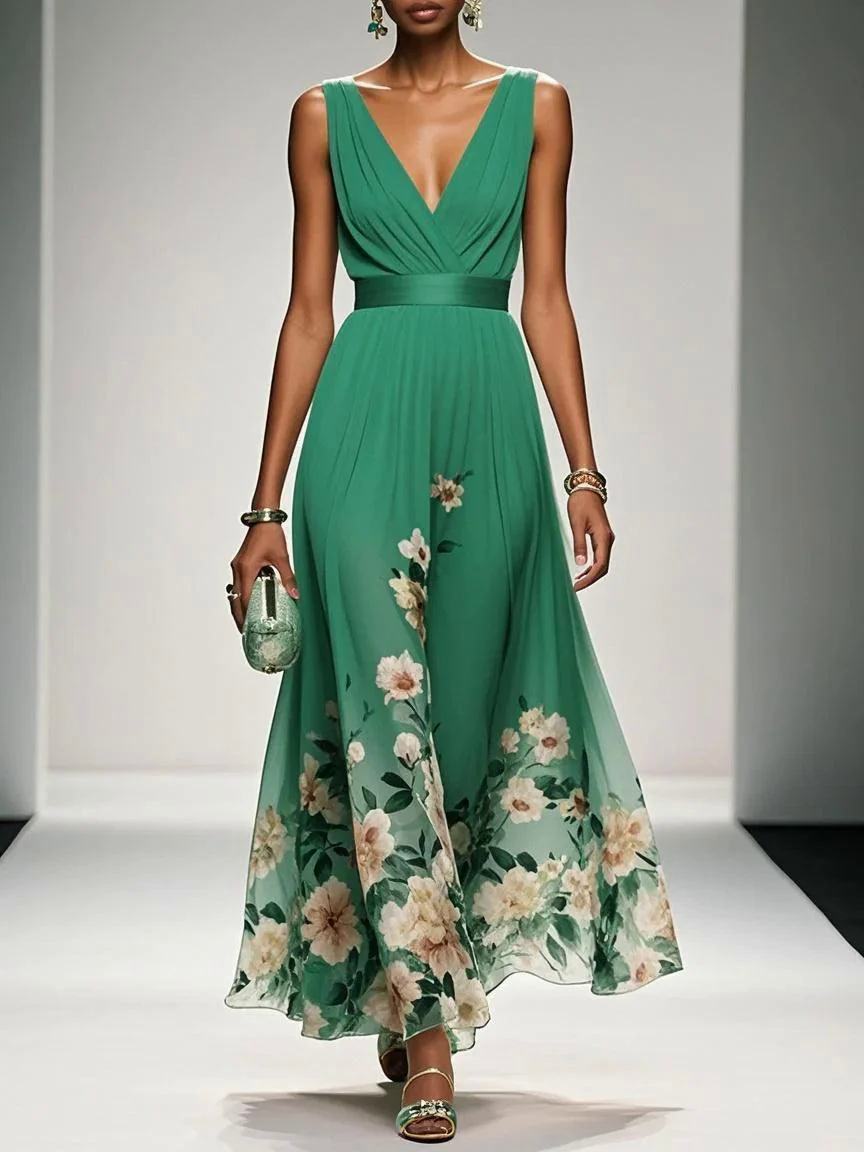 Light Blue Floral Chiffon V Neck Sleeveless A-Line Maxi Dress
