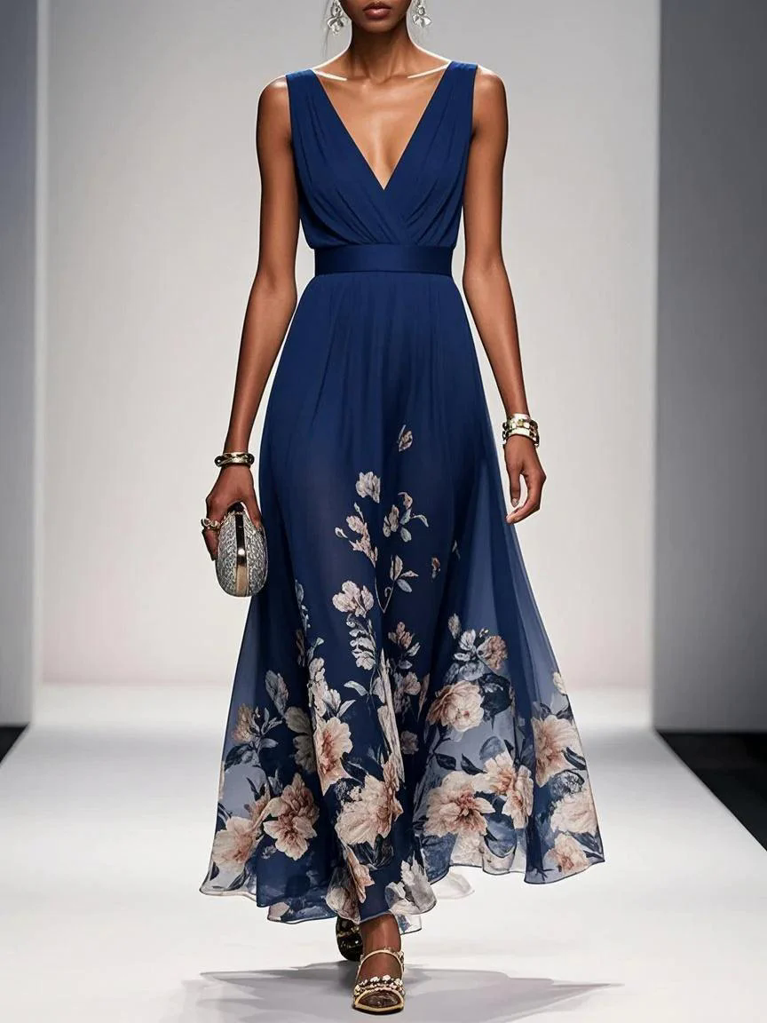 Light Blue Floral Chiffon V Neck Sleeveless A-Line Maxi Dress