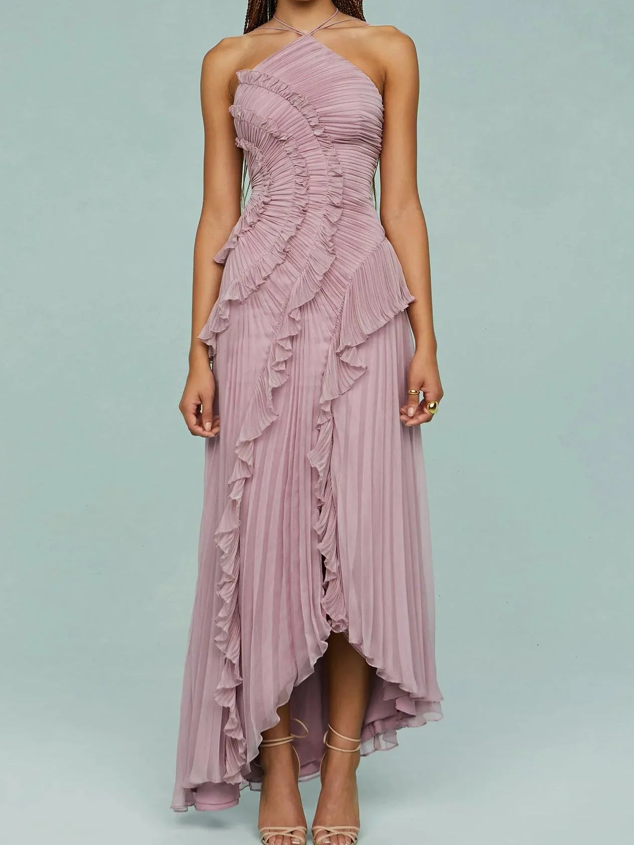 Pleated Suspender Long Dress With Slits