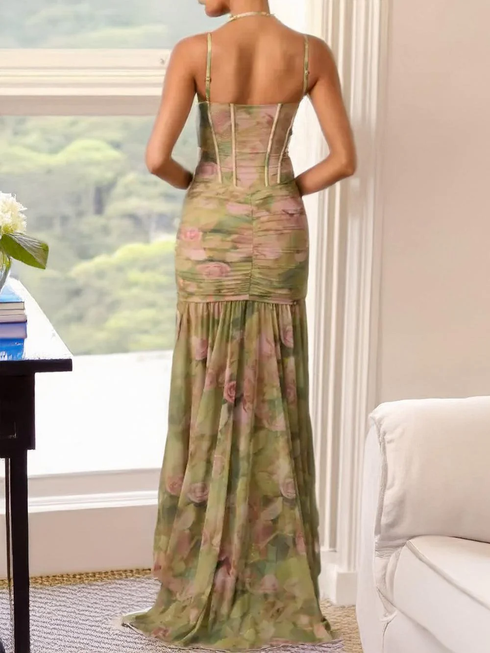 Green Floral Dress Ruffled Asymmetric Bodycon Gown