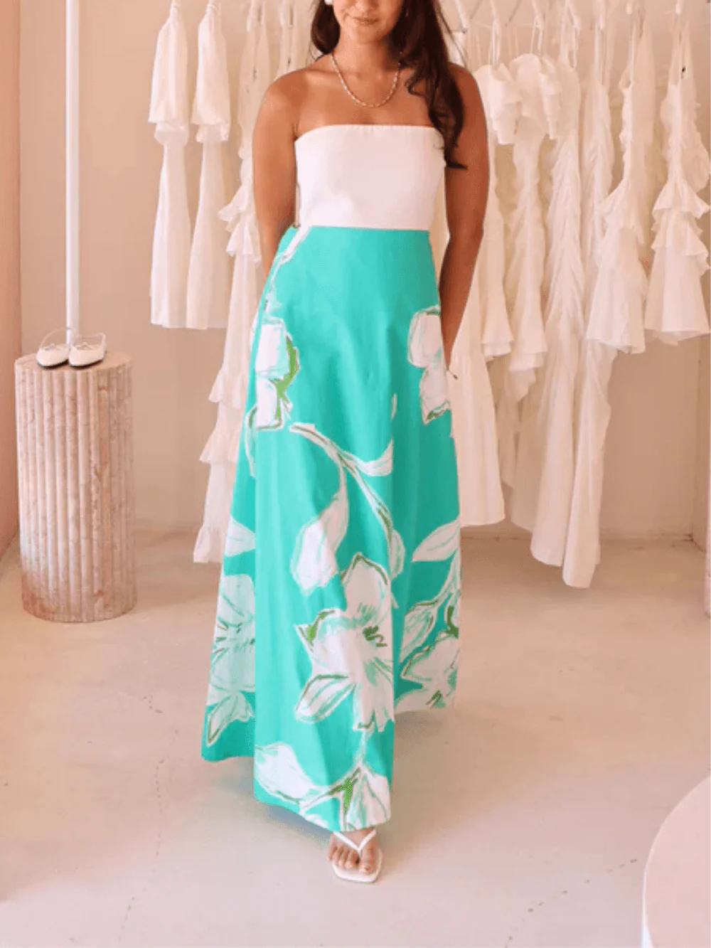 By Nicola Wavy Strapless Maxi Dress in White Verde Fleur