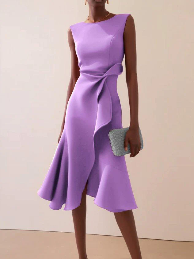Red Sleeveless Midi Elegant A-line Dress with Waist Twist for Day-to-Night