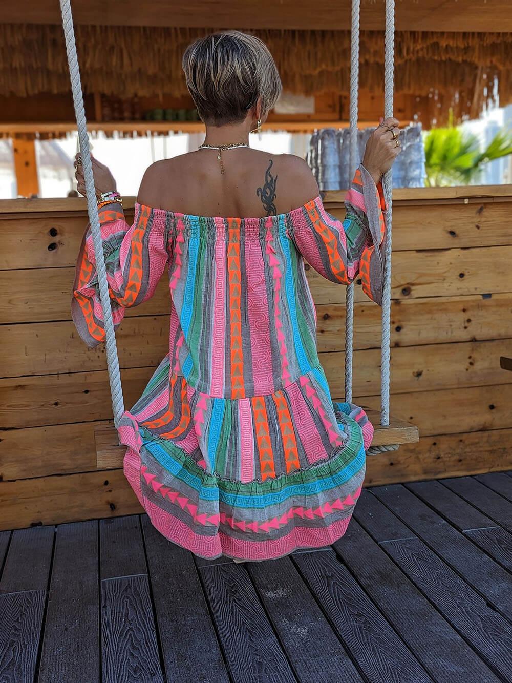 Ethnic Print Linen Blend Off Shoulder Loose Mini Dress