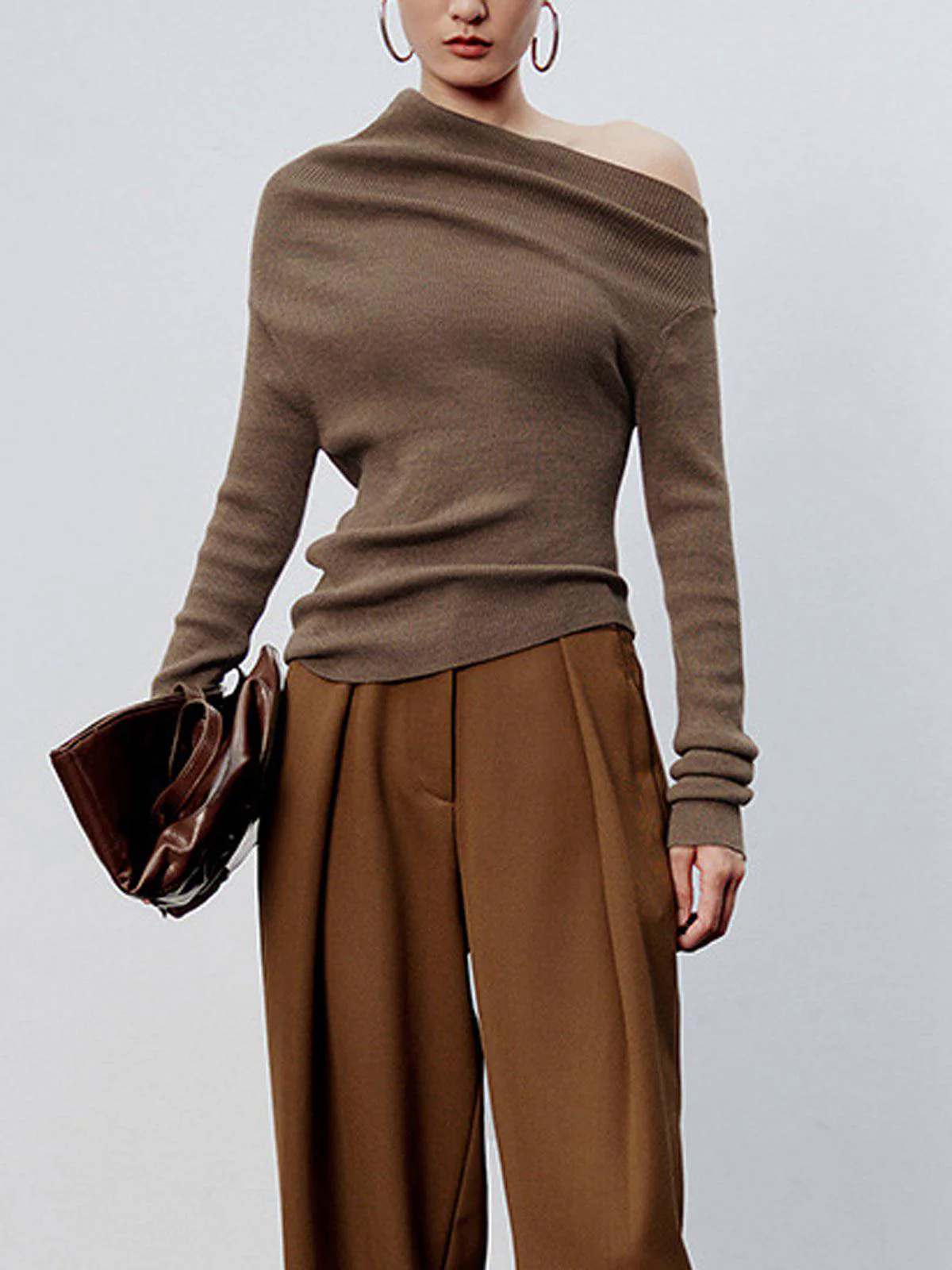 Caramel Asymmetric Neckline Long Sleeve Knit Top shkirt Suit